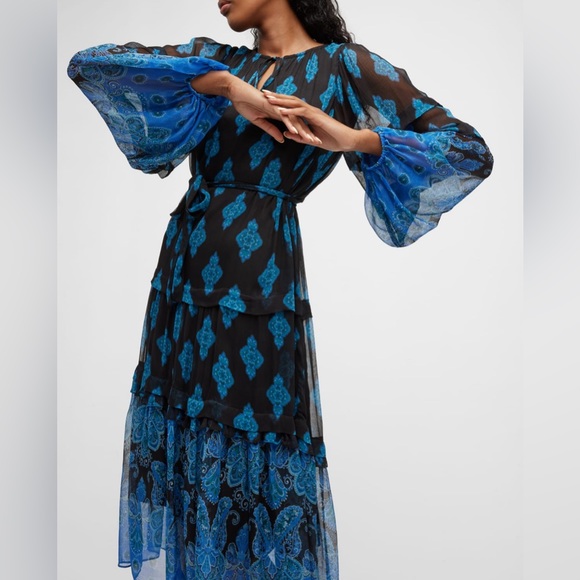 NWT Kobi Halperin Connor Printed Midi Dress, Black Blue Size XXL New w/Tag $548 - Picture 1 of 13